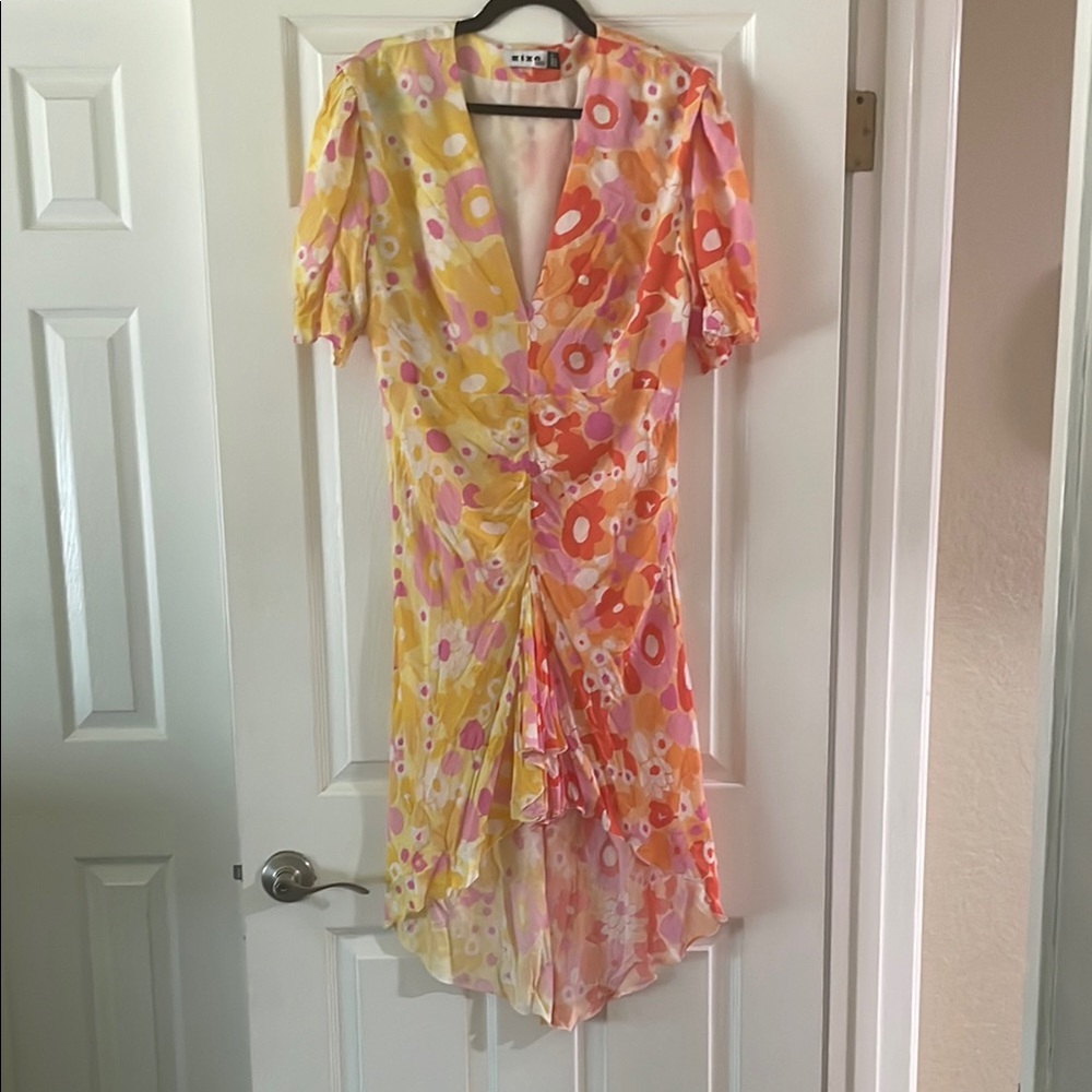RIXO Floral High Low Dress in Pink and Yellow